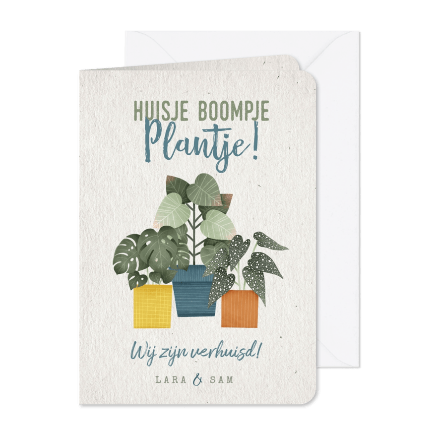Hippe verhuiskaart huisje boompje plantje met planten - Kaartimpressie