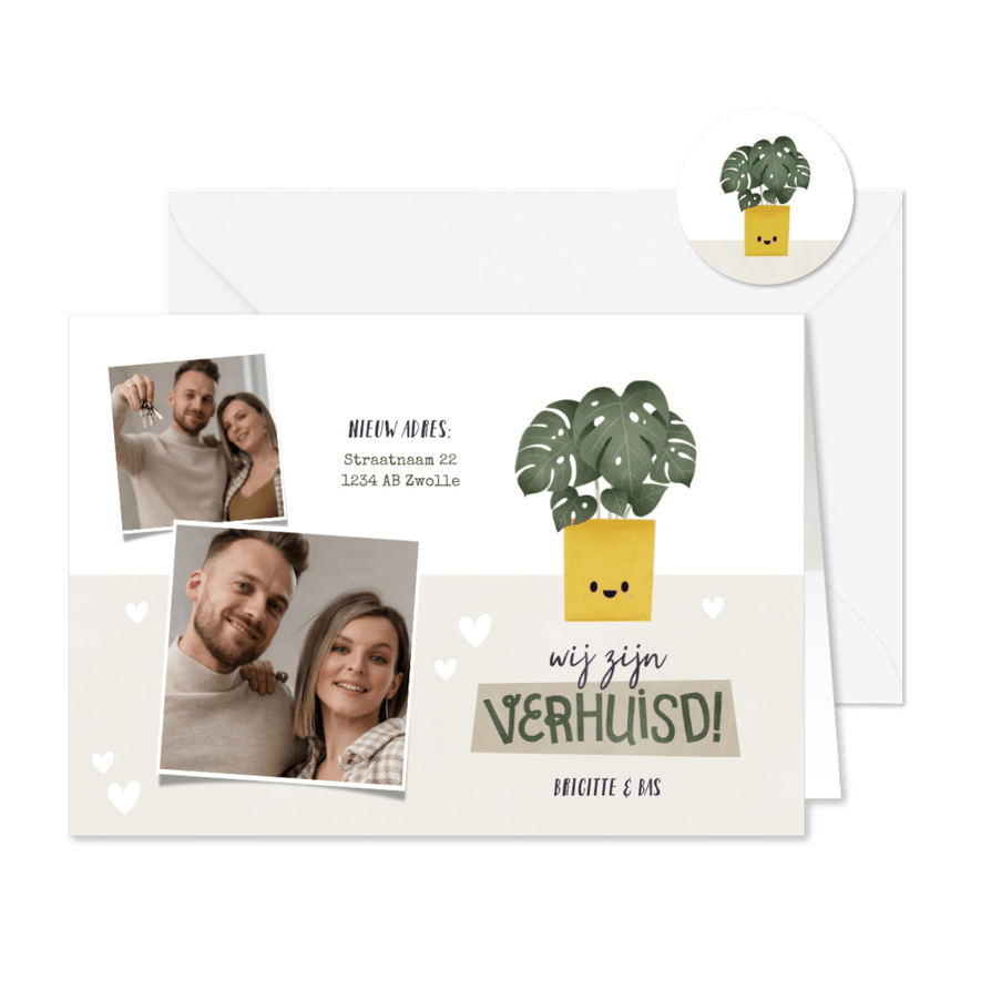 Hippe verhuiskaart met foto's, plantje en hartjes - Kaartimpressie
