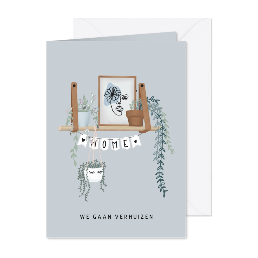 Hippe verhuiskaart met hangplanten, poster en slinger - Kaartimpressie