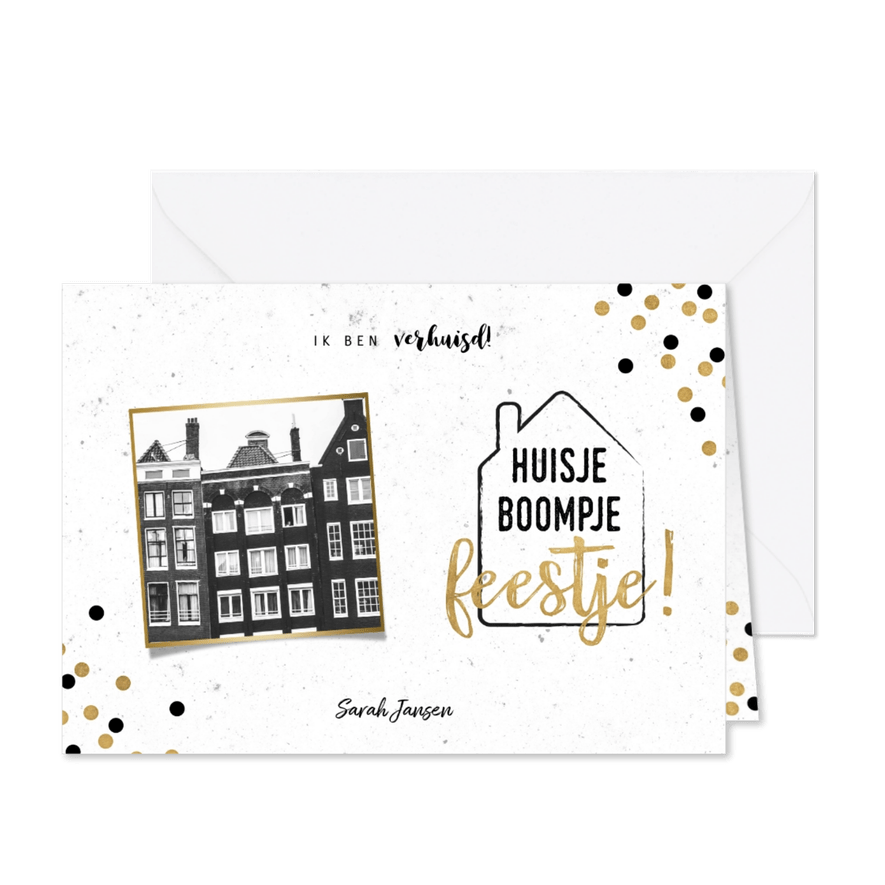 Hippe verhuiskaart met huisje boompje feestje en foto - Kaartimpressie