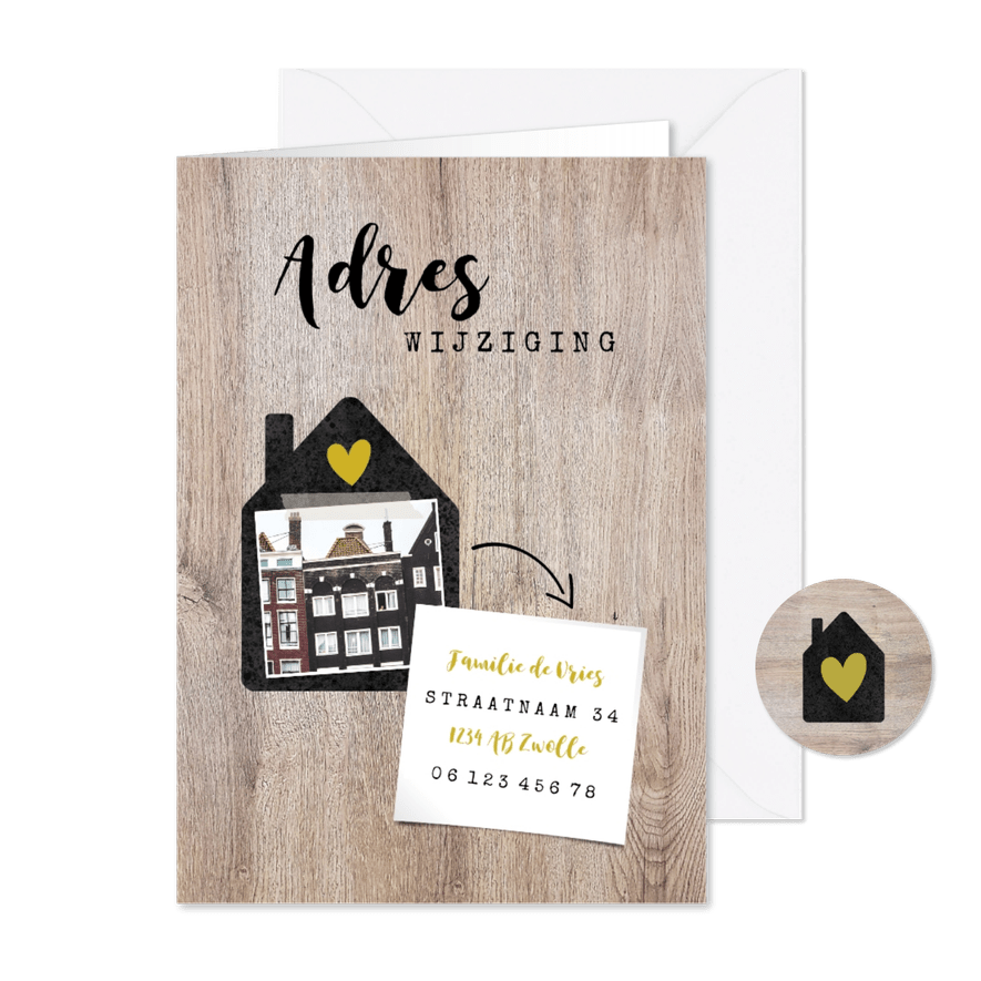 Hippe verhuiskaart met huisje, foto, typografie en adres - Kaartimpressie