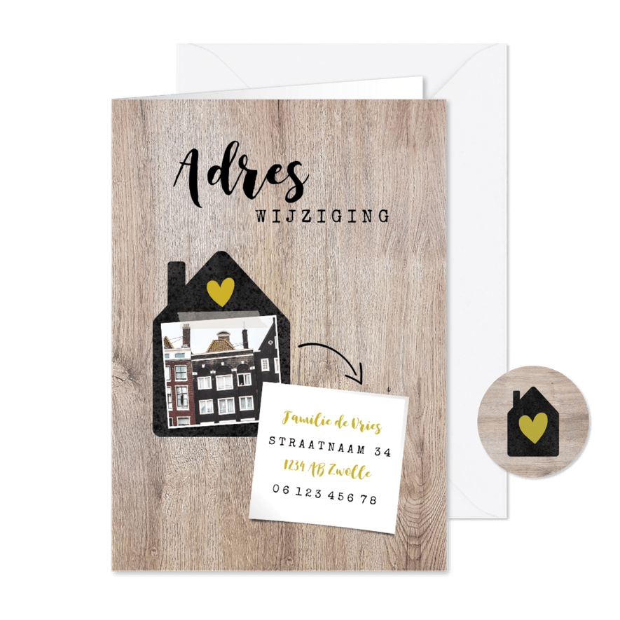Hippe verhuiskaart met huisje, foto, typografie en adres - Kaartimpressie