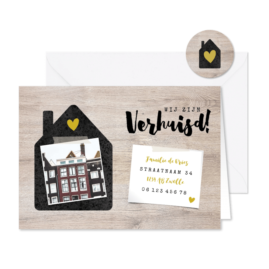 Hippe verhuiskaart met huisje, foto's en hout - Kaartimpressie