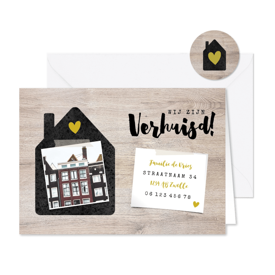 Hippe verhuiskaart met huisje, foto's en hout - Kaartimpressie