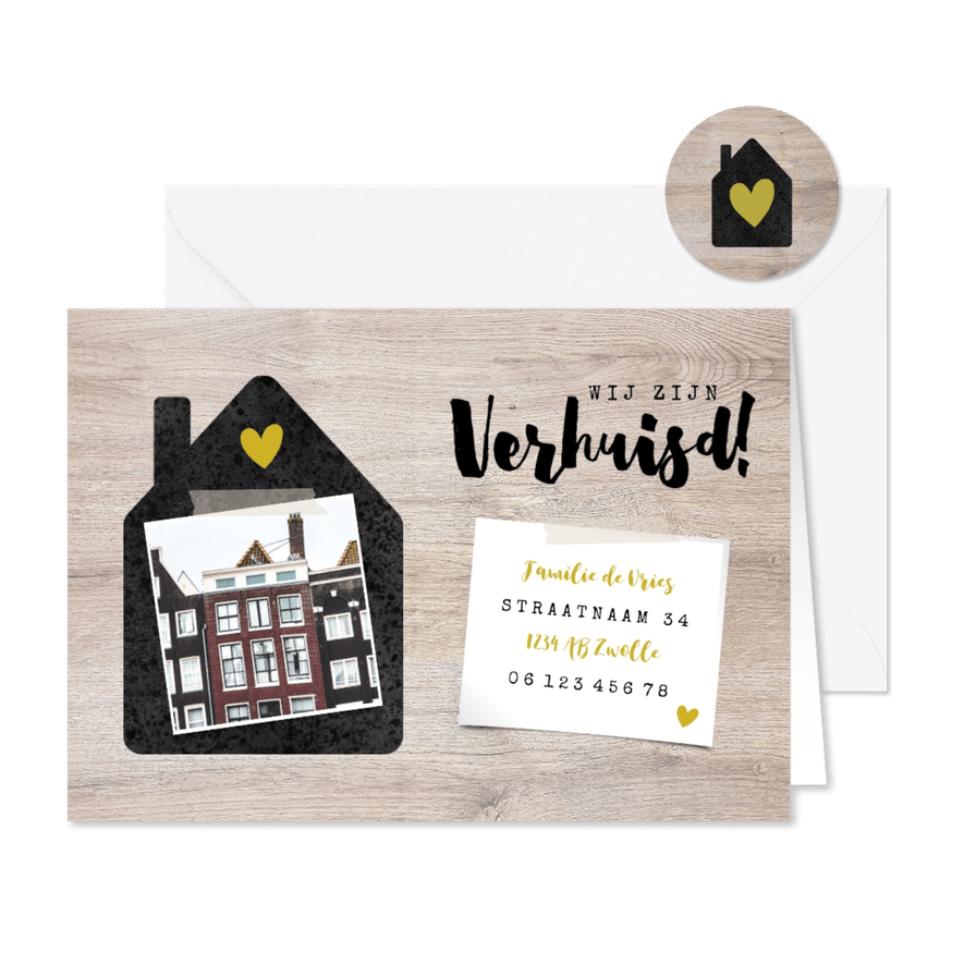Hippe verhuiskaart met huisje, foto's en hout - Kaartimpressie