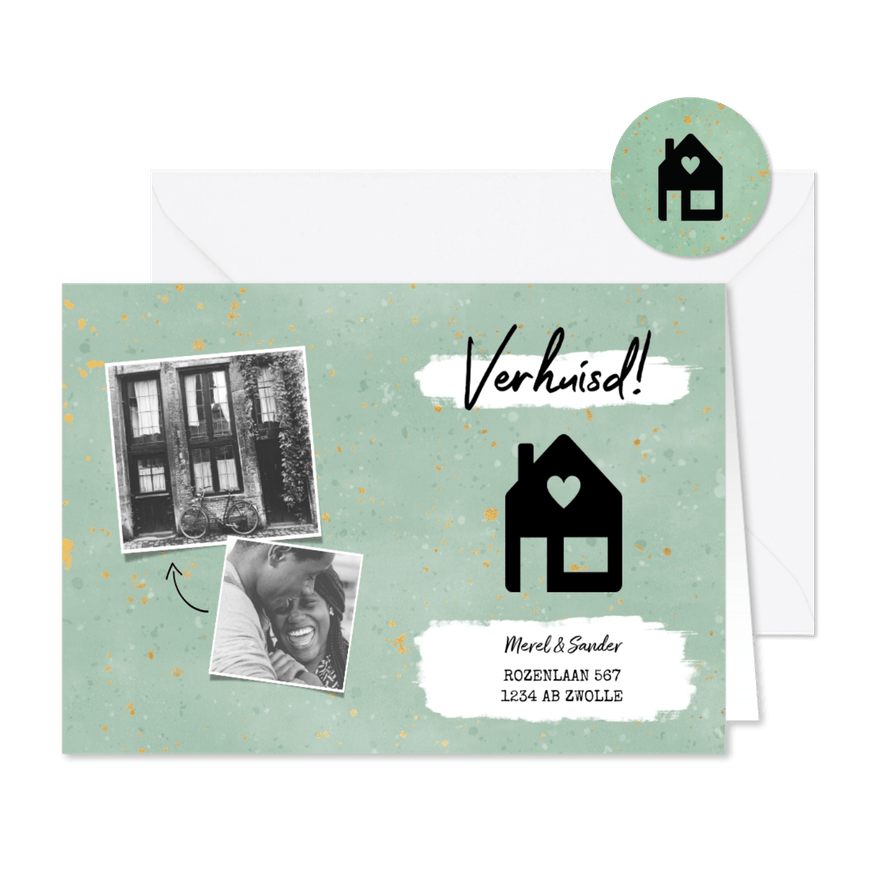 Hippe verhuiskaart met huisje, verf, spikkels en foto's - Kaartimpressie