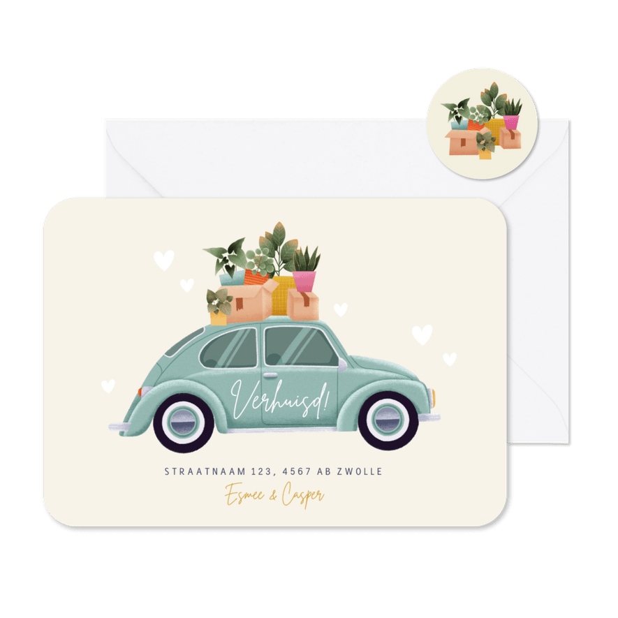 Hippe verhuiskaart met kever verhuisauto, plantjes & hartjes - Kaartimpressie