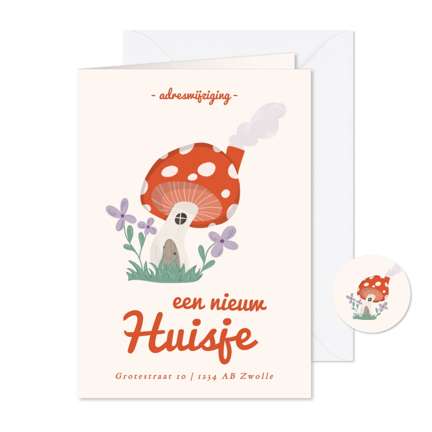 Hippe verhuiskaart met paddenstoel huisje en bloemen - Kaartimpressie