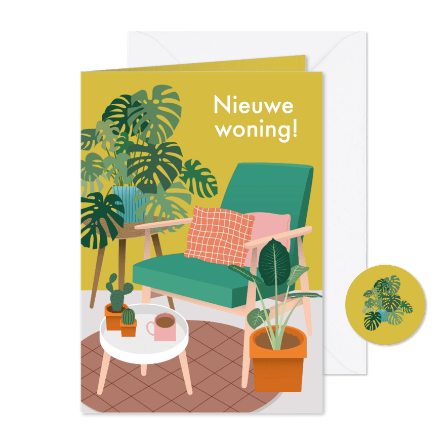 Hippe verhuiskaart met planten en stoel - Kaartimpressie