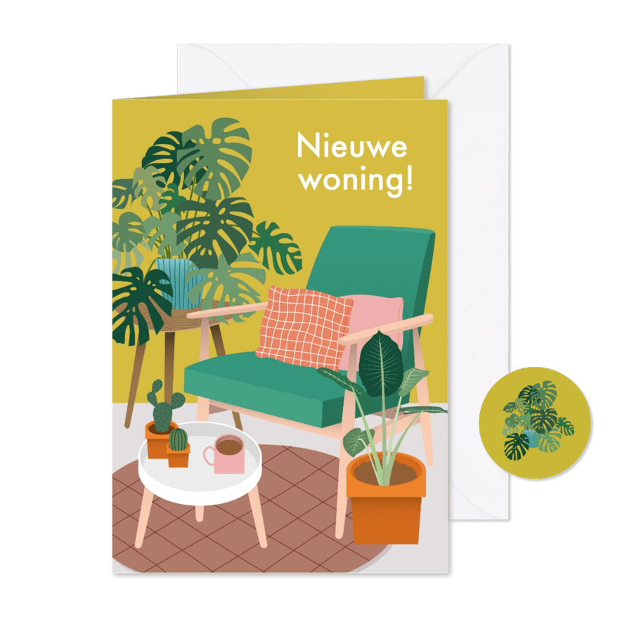 Hippe verhuiskaart met planten en stoel - Kaartimpressie