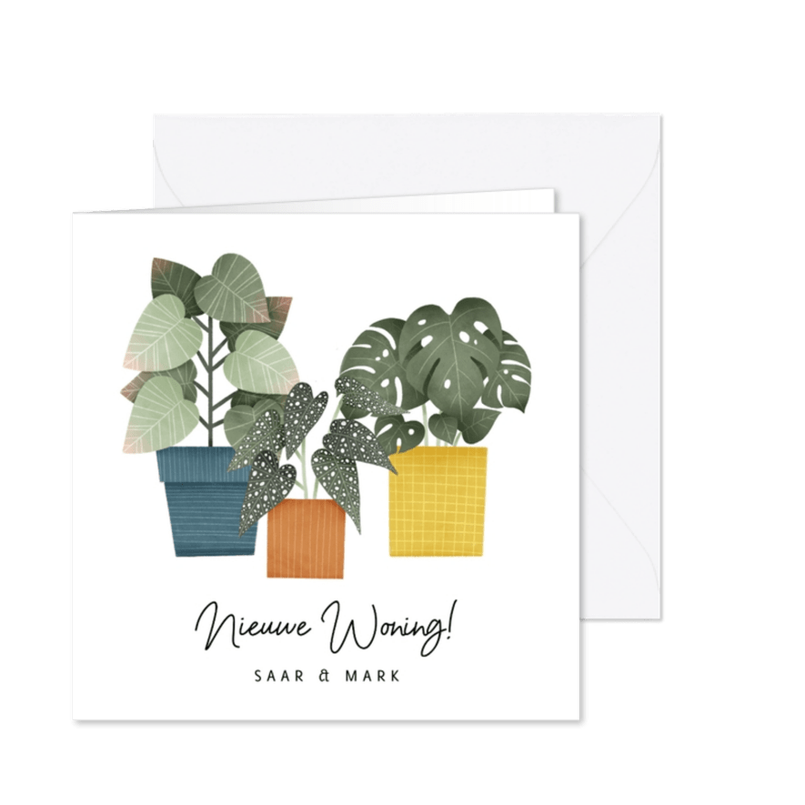 Hippe verhuiskaart met planten en tekst 'Nieuwe Woning!' - Kaartimpressie