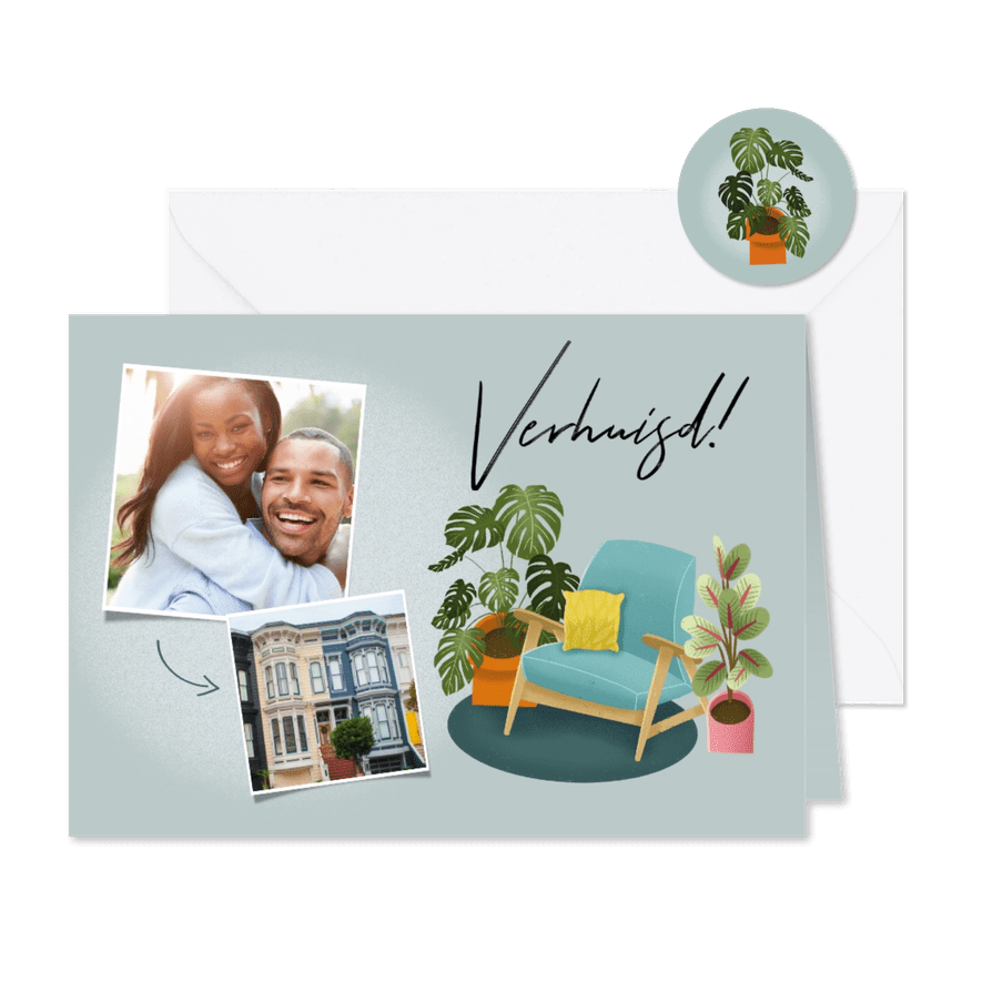 Hippe verhuiskaart met planten, stoel en foto's - Kaartimpressie
