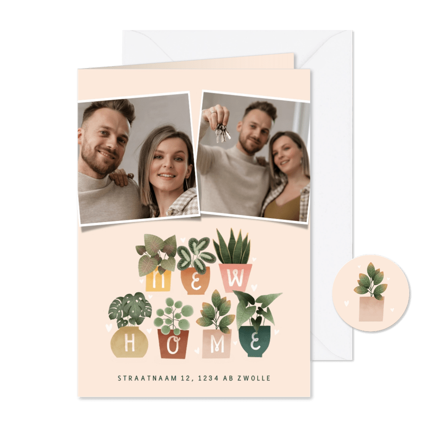 Hippe verhuiskaart met plantjes, New Home, foto's en hartjes - Kaartimpressie