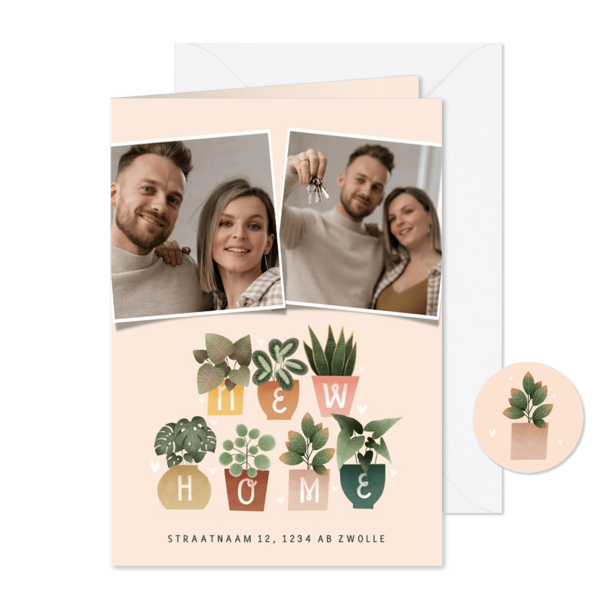 Hippe verhuiskaart met plantjes, New Home, foto's en hartjes - Kaartimpressie