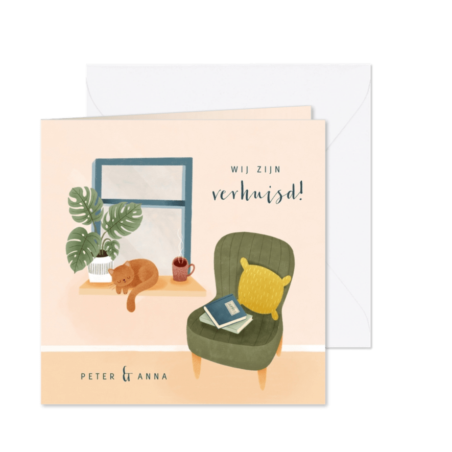 Hippe verhuiskaart met raam en stoel 'Wij zijn verhuisd' - Kaartimpressie