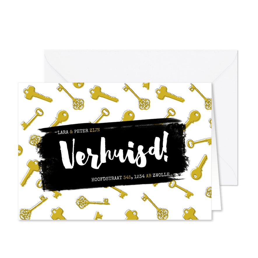 Hippe verhuiskaart met sleutelpatroon en typografie - Kaartimpressie