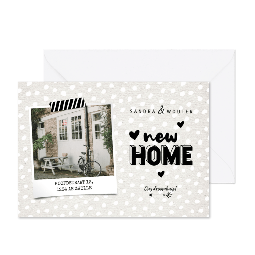 Hippe verhuiskaart new home met kraft, hartjes en foto - Kaartimpressie