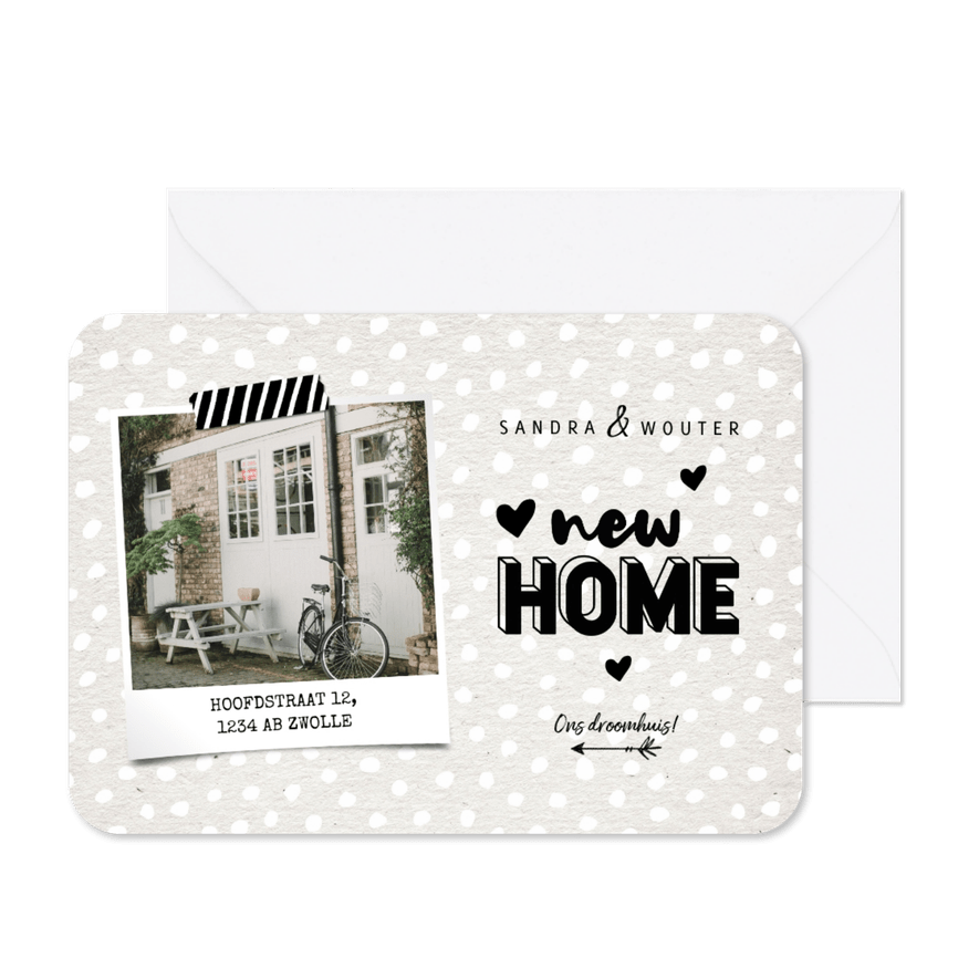 Hippe verhuiskaart new home met kraft, hartjes en foto - Kaartimpressie