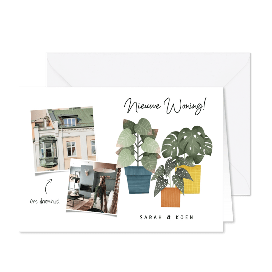Hippe verhuiskaart nieuwe woning met planten en foto's - Kaartimpressie