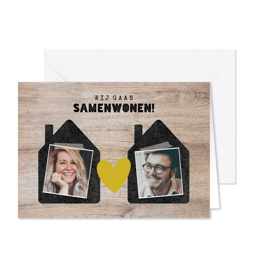 Hippe verhuiskaart 'samenwonen' met huisjes, foto's & hartje - Kaartimpressie