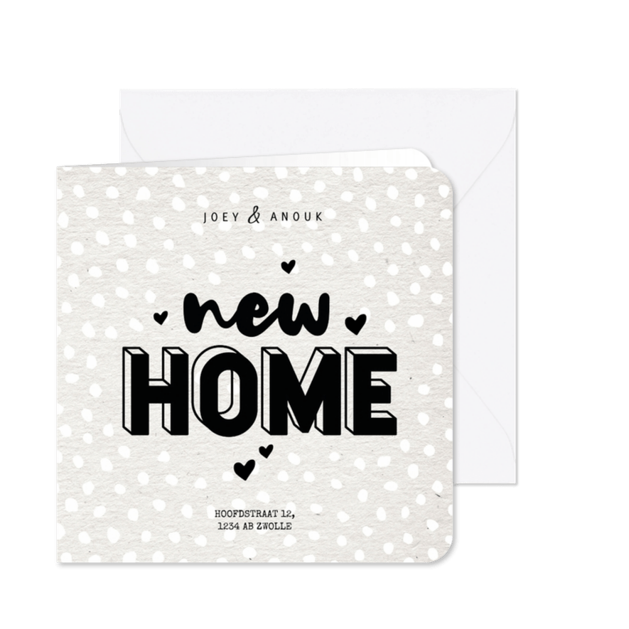 Hippe verhuiskaart typografie new home, kraft en hartjes - Kaartimpressie