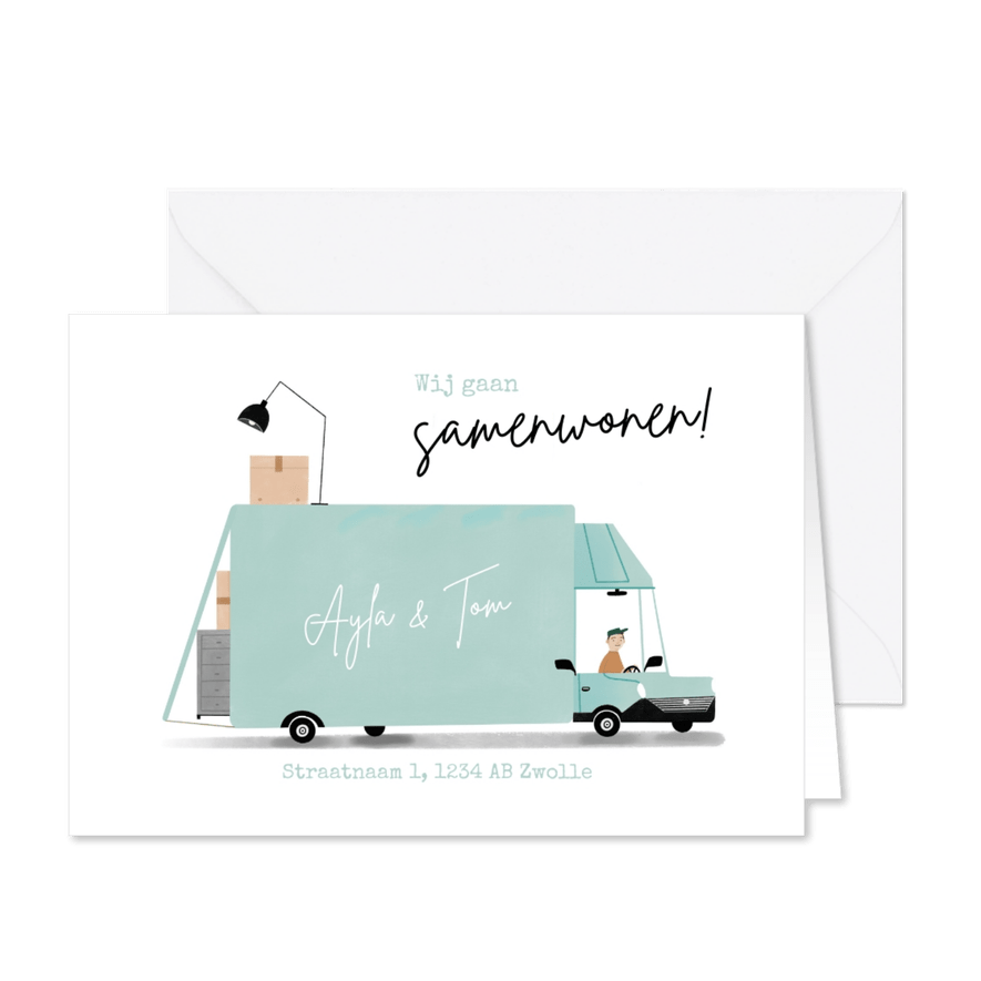 Hippe verhuiskaart wij gaan samenwonen verhuisbus - Kaartimpressie