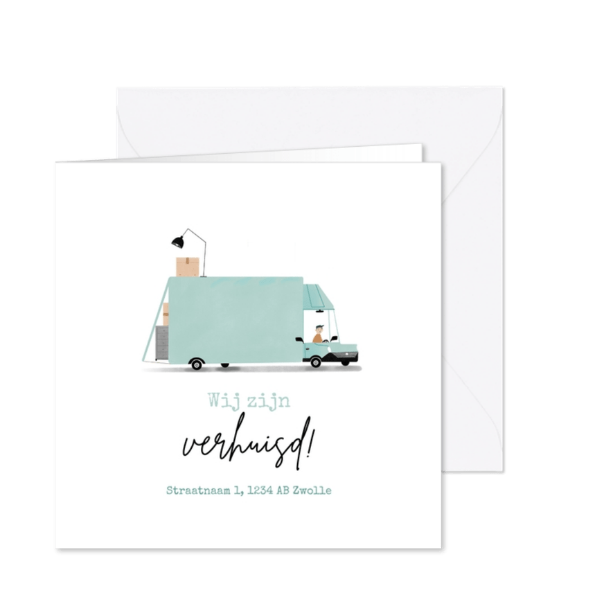 Hippe verhuiskaart wij zijn verhuisd verhuisbus illustratie - Kaartimpressie