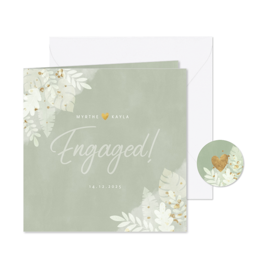 Hippe verlovingskaart junglebladeren, waterverf 'Engaged!' - Kaartimpressie