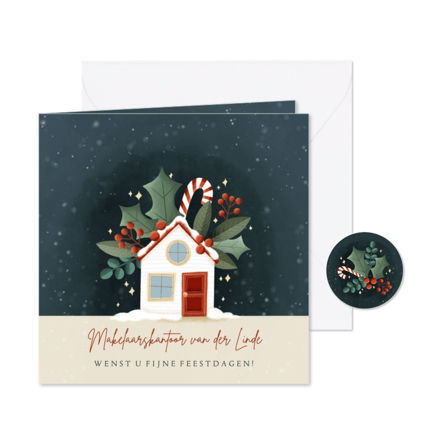 Hippe zakelijke kerst met huisje, hulst en zuurstokken - Kaartimpressie