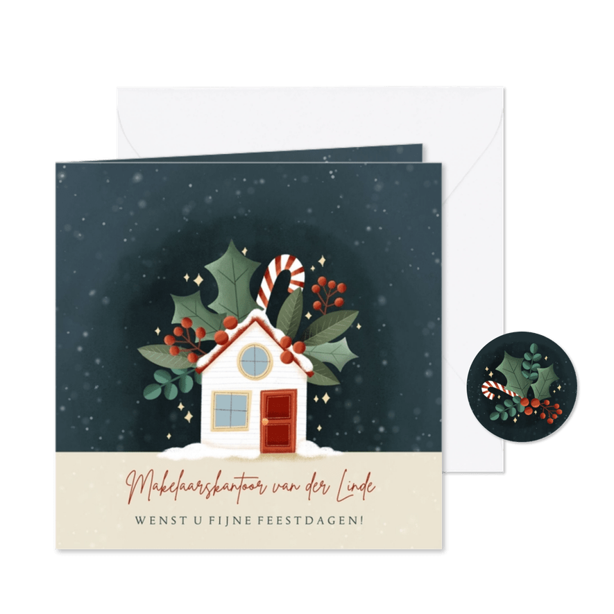 Hippe zakelijke kerst met huisje, hulst en zuurstokken - Kaartimpressie
