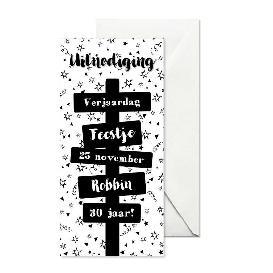 Hippe zwart wit uitnodiging paal met borden - Kaartimpressie