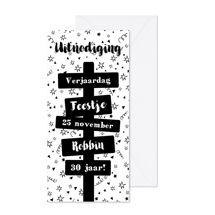 Hippe zwart wit uitnodiging paal met borden - Kaartimpressie