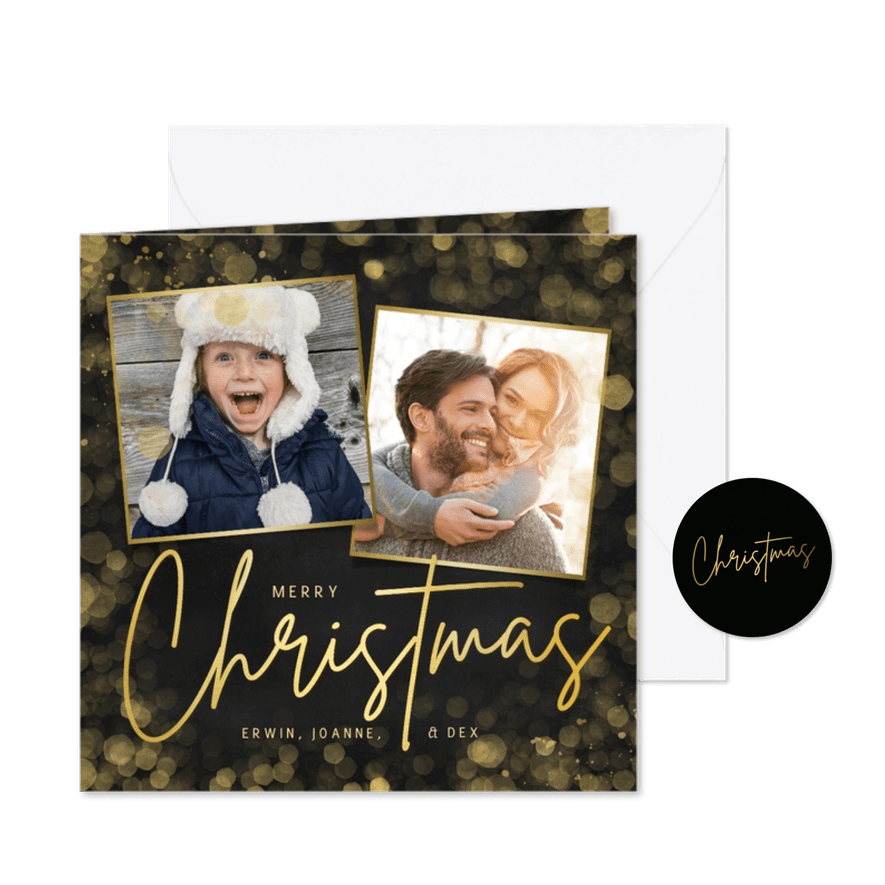 Hippe zwarte kerstkaart met gouden Christmas en 2 foto's - Kaartimpressie