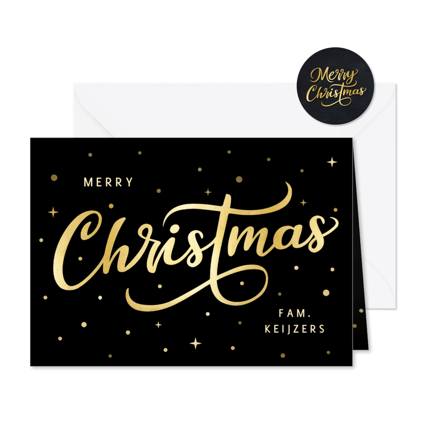Hippe zwarte kerstkaart met goudlook letters merry christmas - Kaartimpressie