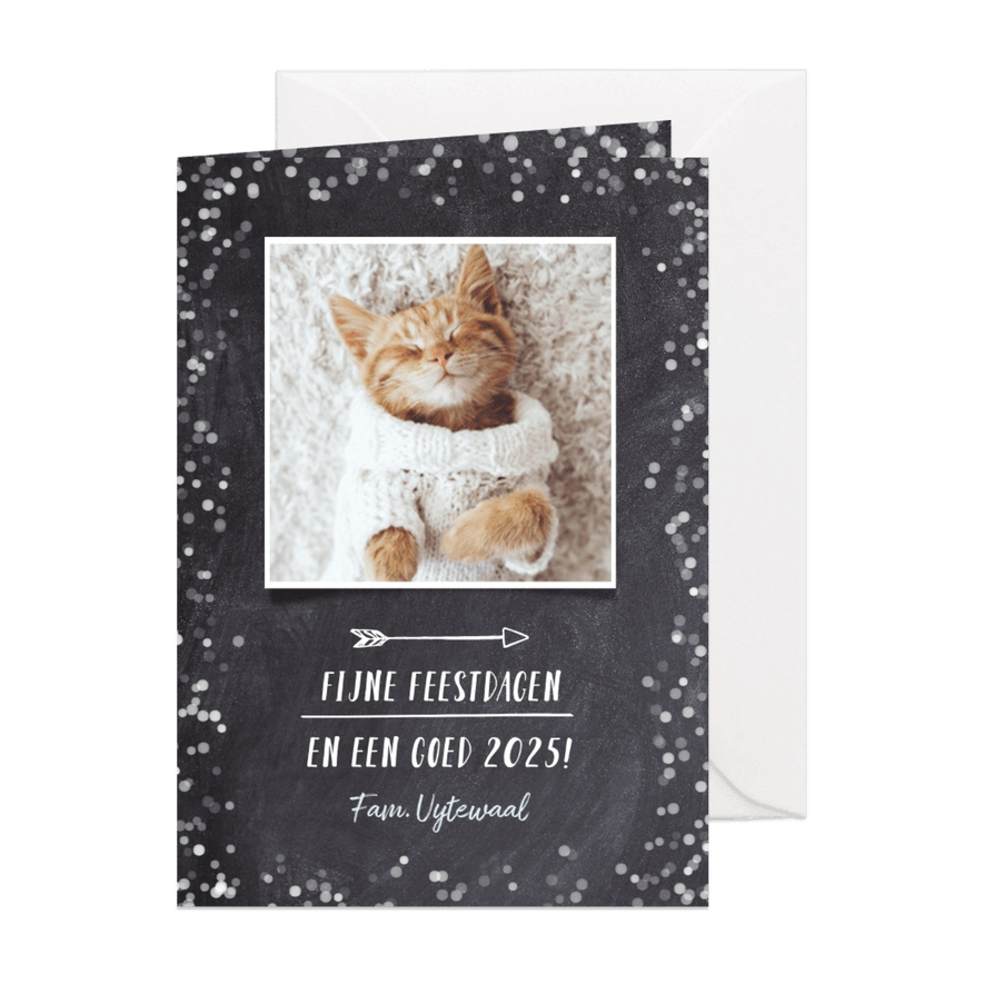 Hipper zwart witte confetti kerstkaart met eigen foto - Kaartimpressie