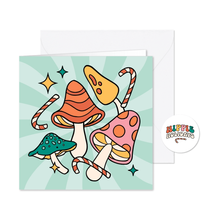 Hippie holidays kerstkaart groovy paddestoelen snoepstok - Kaartimpressie