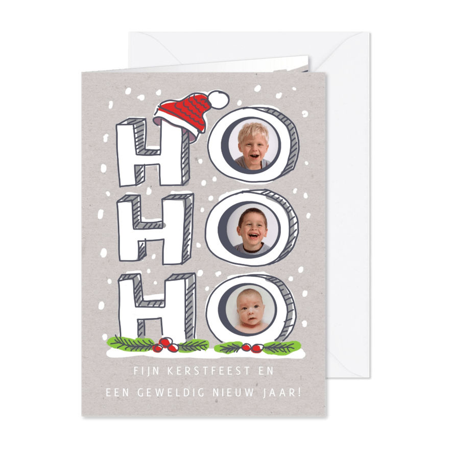 Ho ho ho kerstkaart met foto's in de letters en kerstmuts - Kaartimpressie