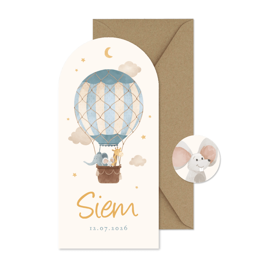Hoge boogkaart luchtballon dieren vintage sterren geboorte - Kaartimpressie
