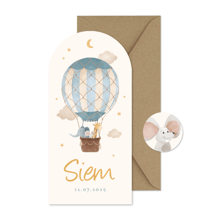 Hoge boogkaart luchtballon dieren vintage sterren geboorte - Kaartimpressie