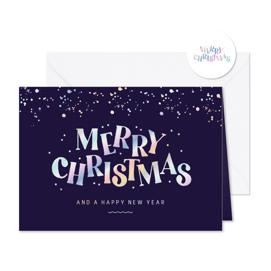 Holografische kerstkaart merry christmas spetters typografie - Kaartimpressie