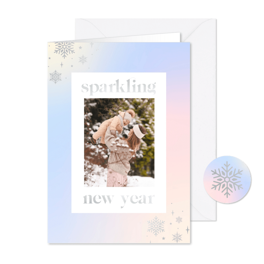 Holografische nieuwjaarskaart met zilver en sterren - Kaartimpressie