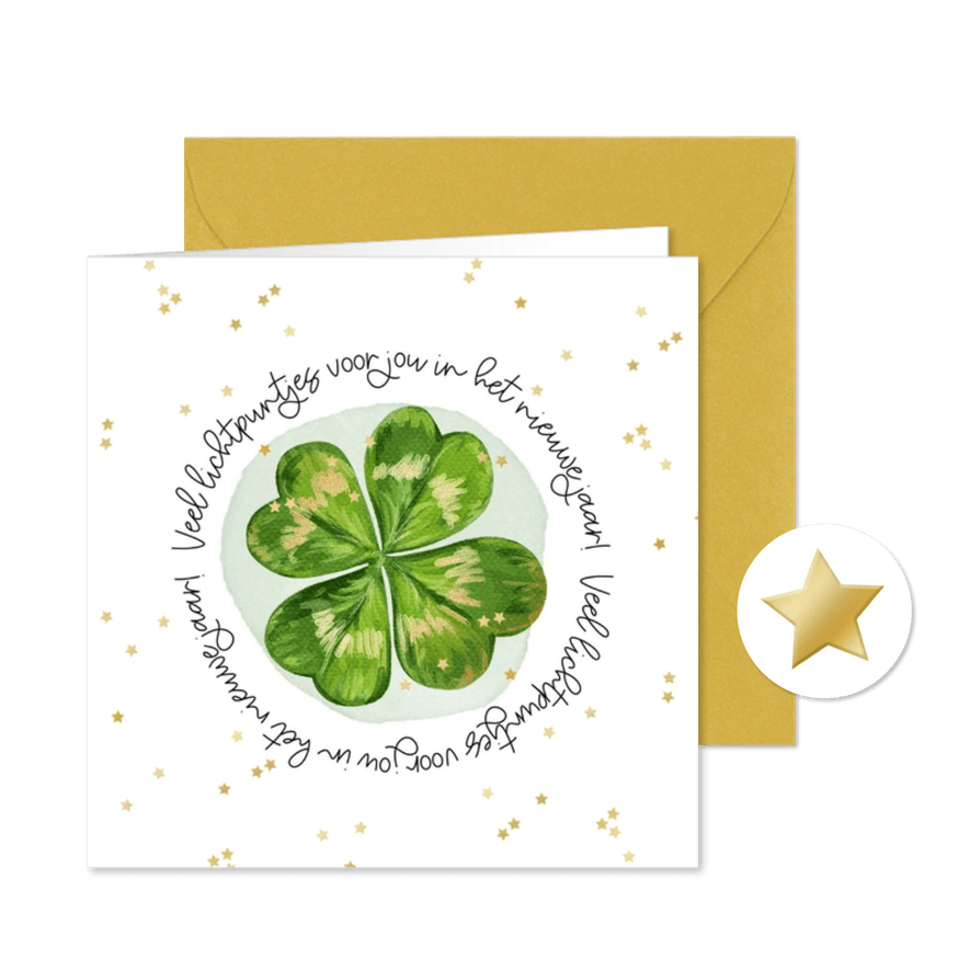 Hoopvolle nieuwjaarskaart klavertje 4 sterrenconfetti goud - Kaartimpressie