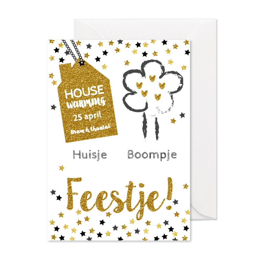 Housewarming huisje boompje feestje goud - Kaartimpressie