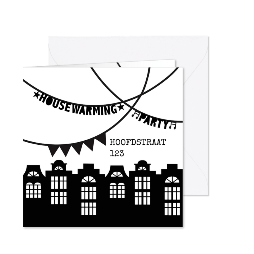 Housewarming party uitnodiging zwartwit slingers huisjes - Kaartimpressie