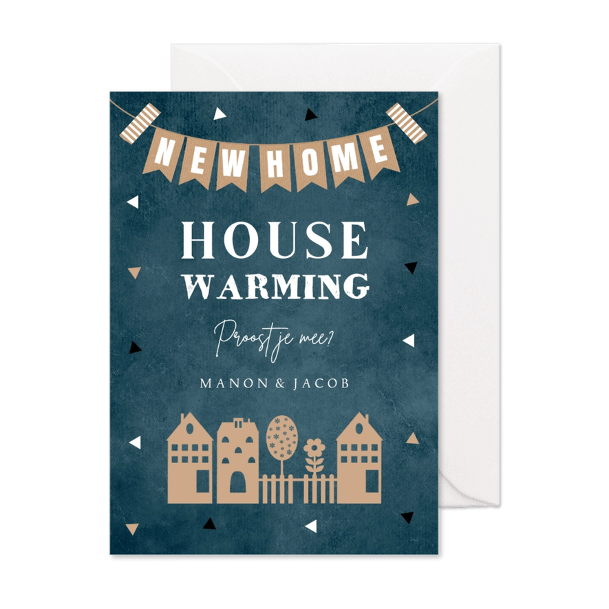 Housewarming uitnodiging blauw huisjes slinger - Kaartimpressie