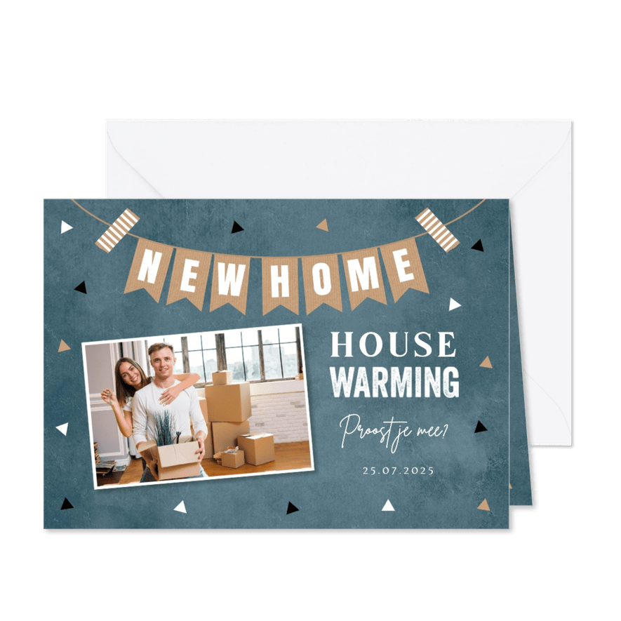 Housewarming uitnodiging blauw slinger foto - Kaartimpressie