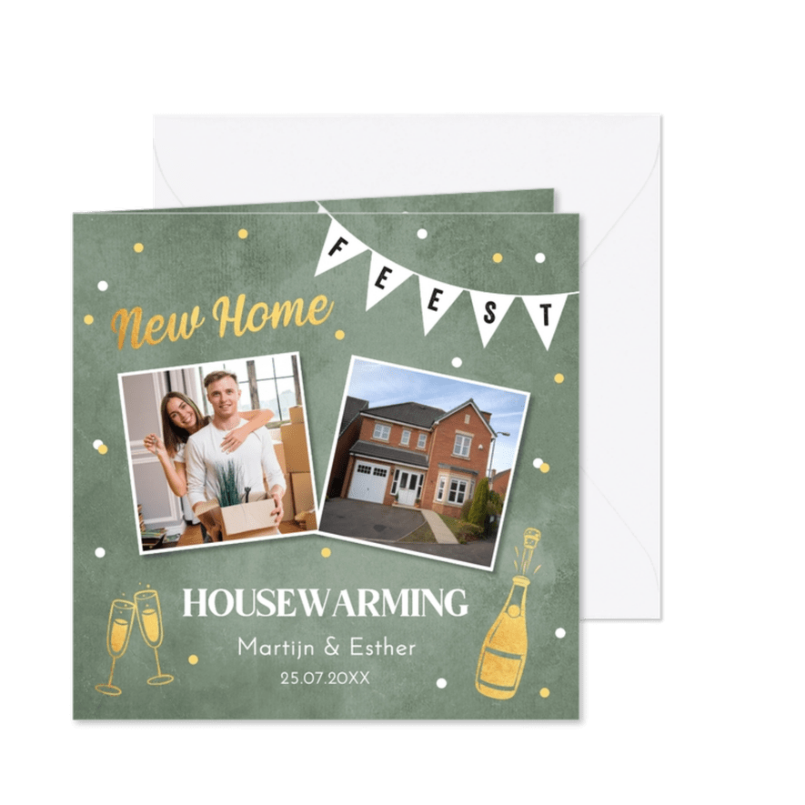 Housewarming uitnodiging groen foto goudlook - Kaartimpressie