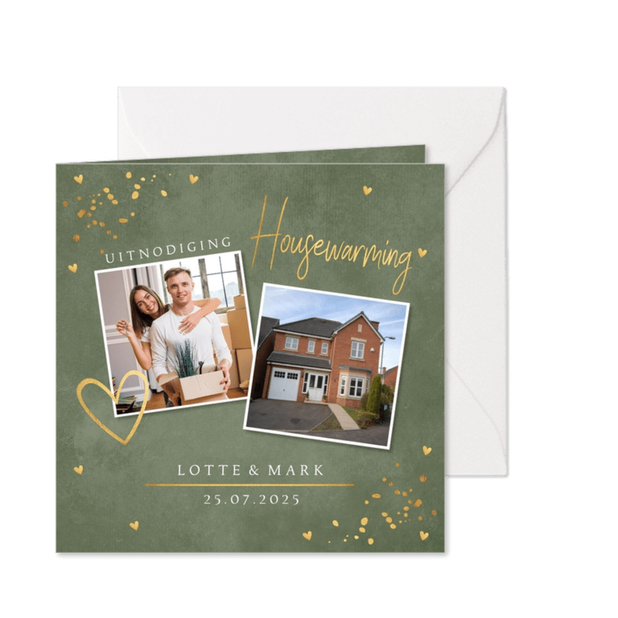 Housewarming uitnodiging groen foto goudlook - Kaartimpressie