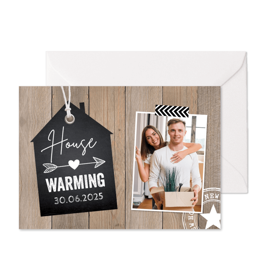 Housewarming uitnodiging label huis foto houtlook - Kaartimpressie