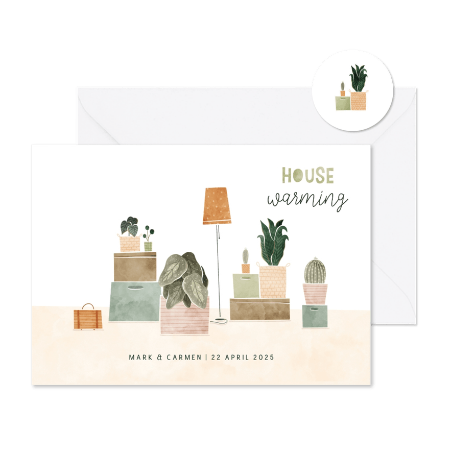Housewarming uitnodiging met plantjes en verhuisdozen - Kaartimpressie